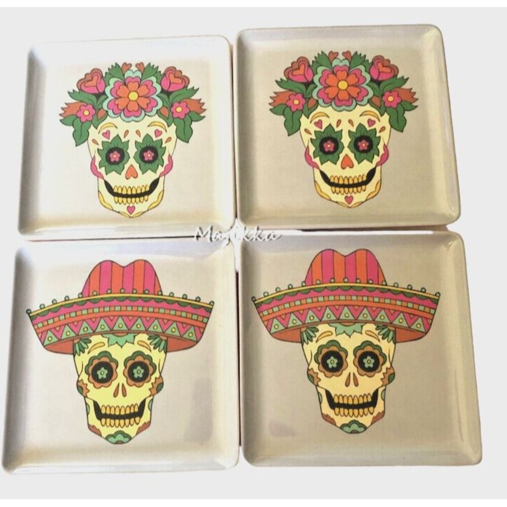 13th &Elm Day Of The Dead Skull Halloween Melamine Plates App Girl Boy Set Of 4